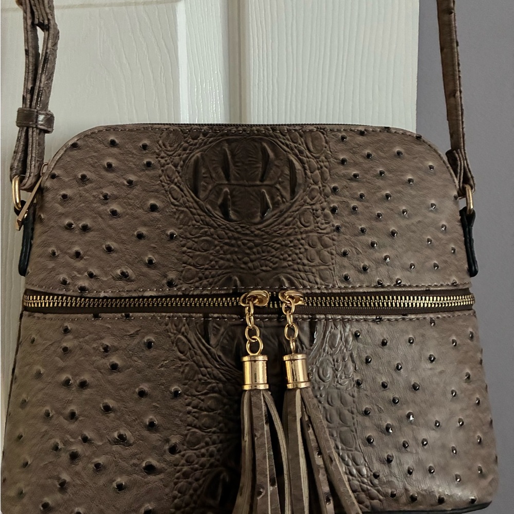 Elegant Brown Vegan Leather Faux Ostrich Cross Body Shoulder Bag